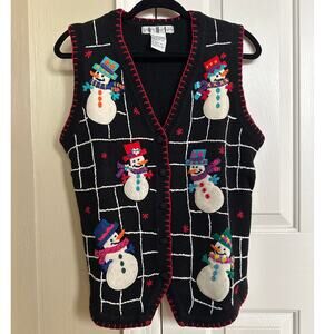Vintage Holiday Christmas Snowman Vest Black Colorful OHI PTP 20.5"